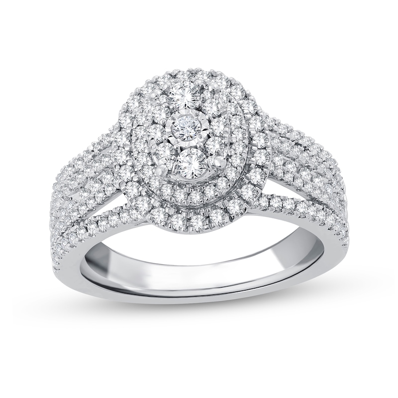 0.95 CT. T.W. Diamond Triple Oval Frame Multi-Row Engagement Ring in 14K White Gold