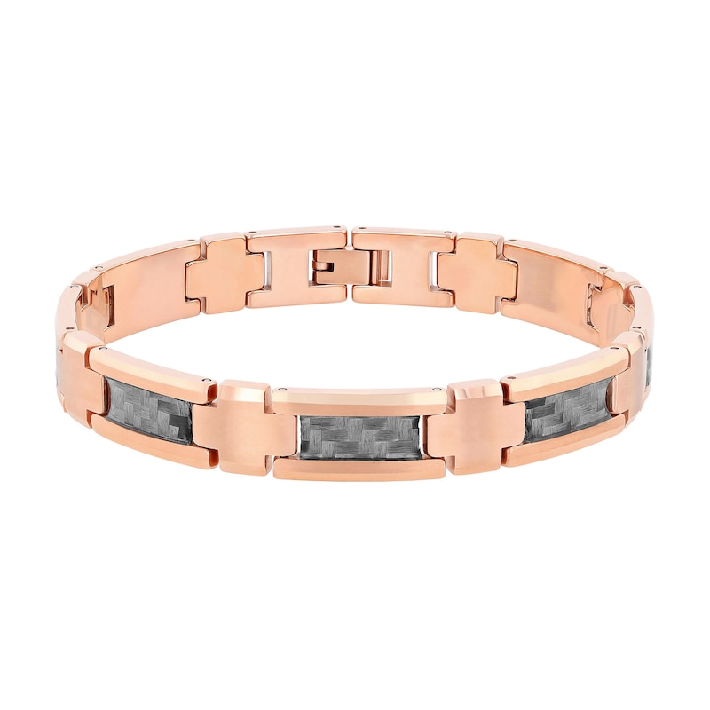Men's Link Bracelet in Tungsten with Rose Ion-Plate and Grey Carbon Fibre – 8.75"