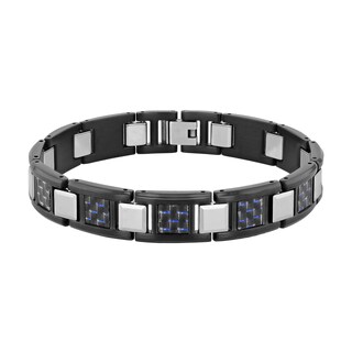 Men's Link Bracelet in Tungsten and Stainless Steel with Black Ion-Plate and Blue Carbon Fibre – 9"