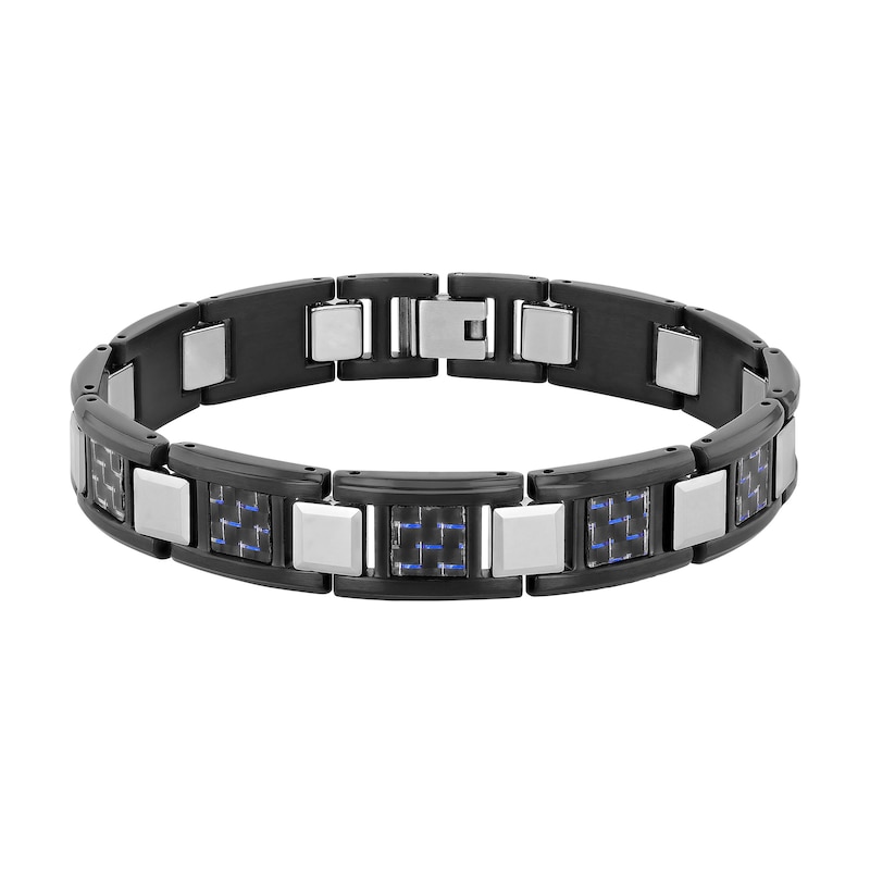 Men's Link Bracelet in Tungsten and Stainless Steel with Black Ion-Plate and Blue Carbon Fibre – 9"