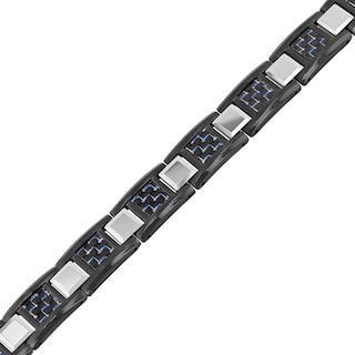 Men's Link Bracelet in Tungsten and Stainless Steel with Black Ion-Plate and Blue Carbon Fibre – 9"