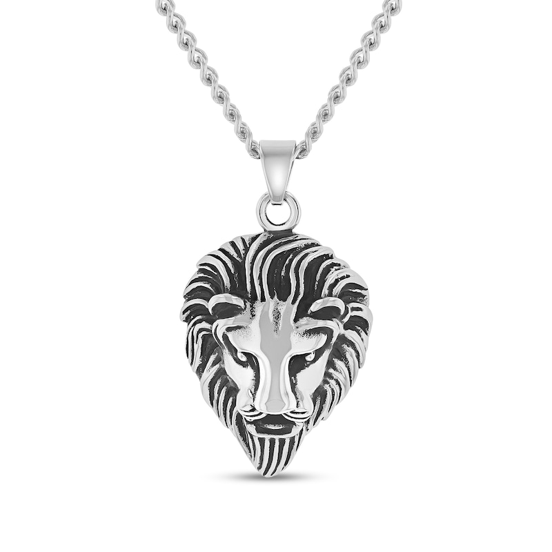 Men's Antique-Finish Lion Head Drop Pendant in Stainless Steel and Black Ion-Plate - 24"|Peoples Jewellers