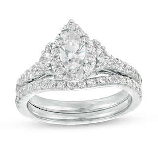 1.25 CT. T.W. Certified Canadian Pear-Shaped Diamond Frame Collar with Floral Accent Bridal Set in 14K White Gold