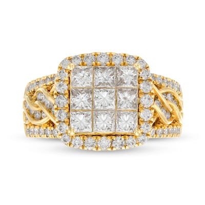 2.00 CT. T.W. Princess-Cut Multi-Diamond Cushion Frame Triple Row Twist Shank Engagement Ring in 14K Gold