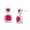 Cushion-Cut Lab-Created Ruby and White Lab-Created Sapphire Frame Double Drop Earrings in Sterling Silver