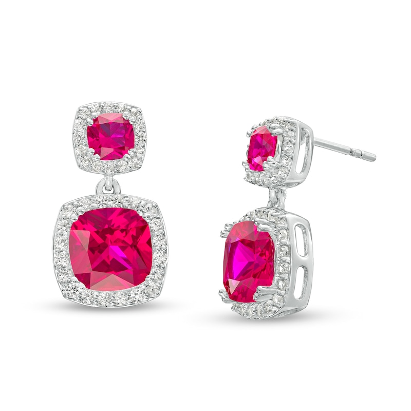 Cushion-Cut Lab-Created Ruby and White Lab-Created Sapphire Frame Double Drop Earrings in Sterling Silver|Peoples Jewellers