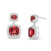 Thumbnail Image 0 of Cushion-Cut Garnet and White Lab-Created Sapphire Frame Double Drop Earrings in Sterling Silver