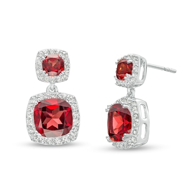 Cushion-Cut Garnet and White Lab-Created Sapphire Frame Double Drop Earrings in Sterling Silver