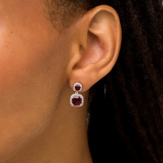 Cushion-Cut Garnet and White Lab-Created Sapphire Frame Double Drop Earrings in Sterling Silver