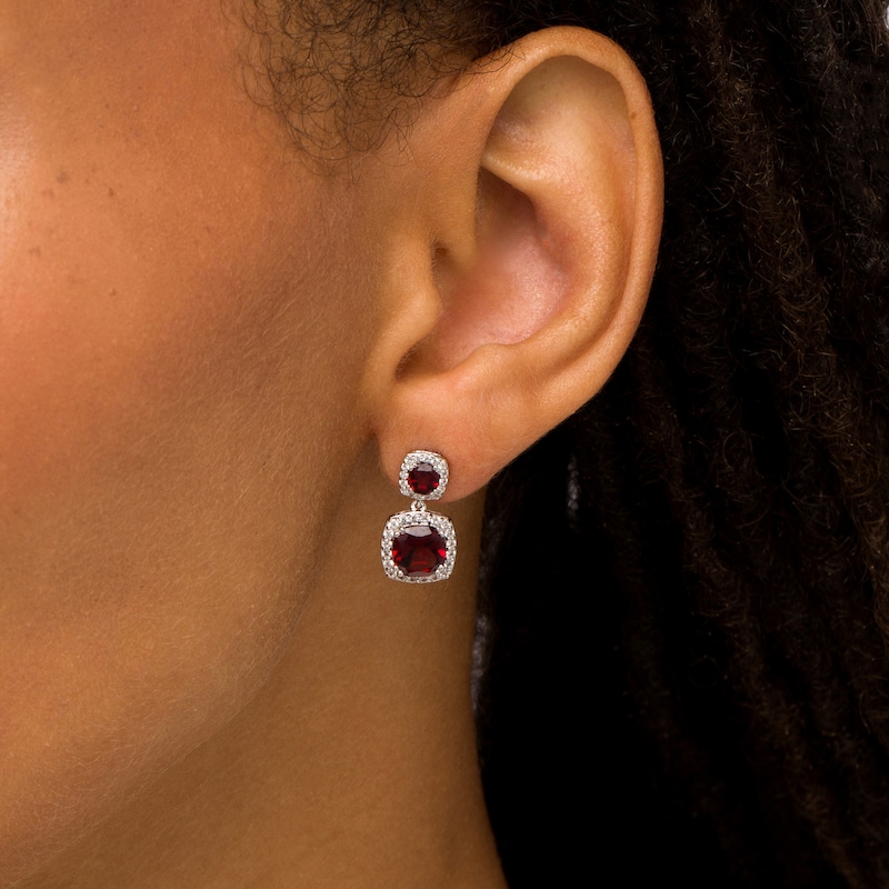 Cushion-Cut Garnet and White Lab-Created Sapphire Frame Double Drop Earrings in Sterling Silver