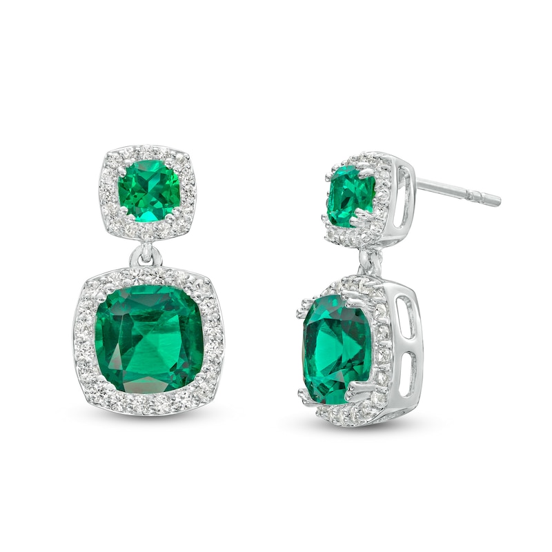 Cushion-Cut Lab-Created Emerald and White Lab-Created Sapphire Frame Double Drop Earrings in Sterling Silver
