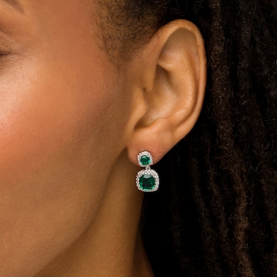 Cushion-Cut Lab-Created Emerald and White Lab-Created Sapphire Frame Double Drop Earrings in Sterling Silver