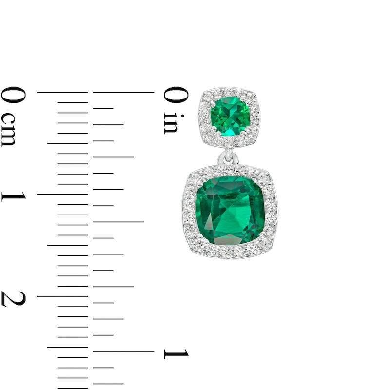 Cushion-Cut Lab-Created Emerald and White Lab-Created Sapphire Frame Double Drop Earrings in Sterling Silver