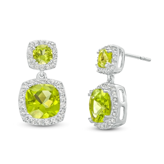 Cushion-Cut Peridot and White Lab-Created Sapphire Frame Double Drop Earrings in Sterling Silver