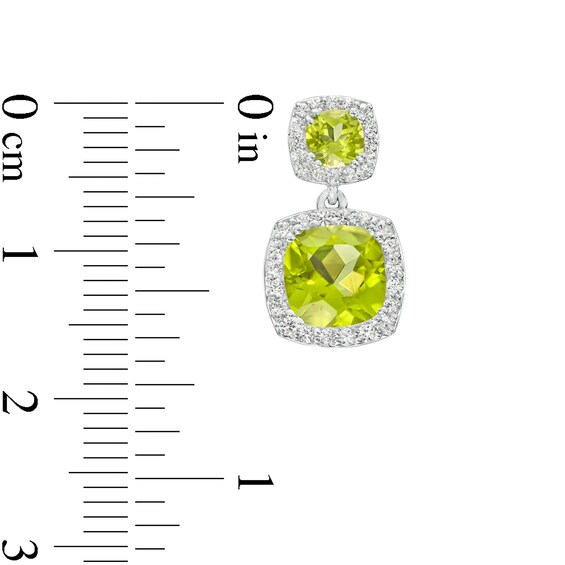 Cushion-Cut Peridot and White Lab-Created Sapphire Frame Double Drop Earrings in Sterling Silver