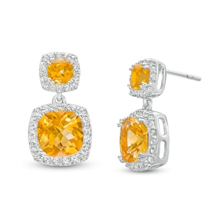 Cushion-Cut Citrine and White Lab-Created Sapphire Frame Double Drop Earrings in Sterling Silver