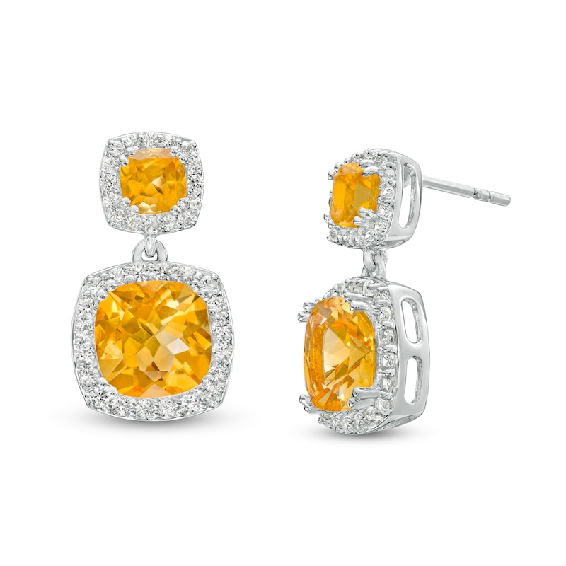 Cushion-Cut Citrine and White Lab-Created Sapphire Frame Double Drop Earrings in Sterling Silver