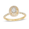 Thumbnail Image 0 of 0.45 CT. T.W. Oval Diamond Double Frame Vintage-Style Scallop Shank Engagement Ring in 14K Gold (I/SI2)