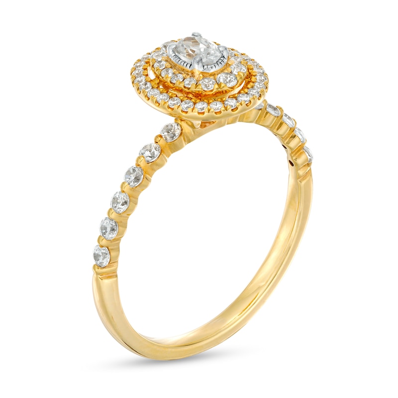 0.45 CT. T.W. Oval Diamond Double Frame Vintage-Style Scallop Shank Engagement Ring in 14K Gold (I/SI2)|Peoples Jewellers