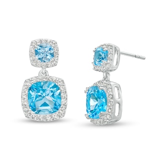 Cushion-Cut Swiss Blue Topaz and White Lab-Created Sapphire Frame Double Drop Earrings in Sterling Silver