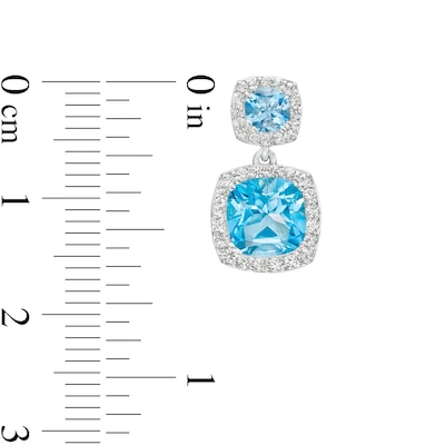 Cushion-Cut Swiss Blue Topaz and White Lab-Created Sapphire Frame Double Drop Earrings in Sterling Silver