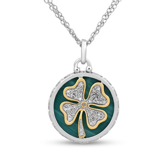 16.0mm Malachite and 0.09 CT. T.W. Diamond Shamrock Overlay Disc Pendant in Sterling Silver and 14K Gold