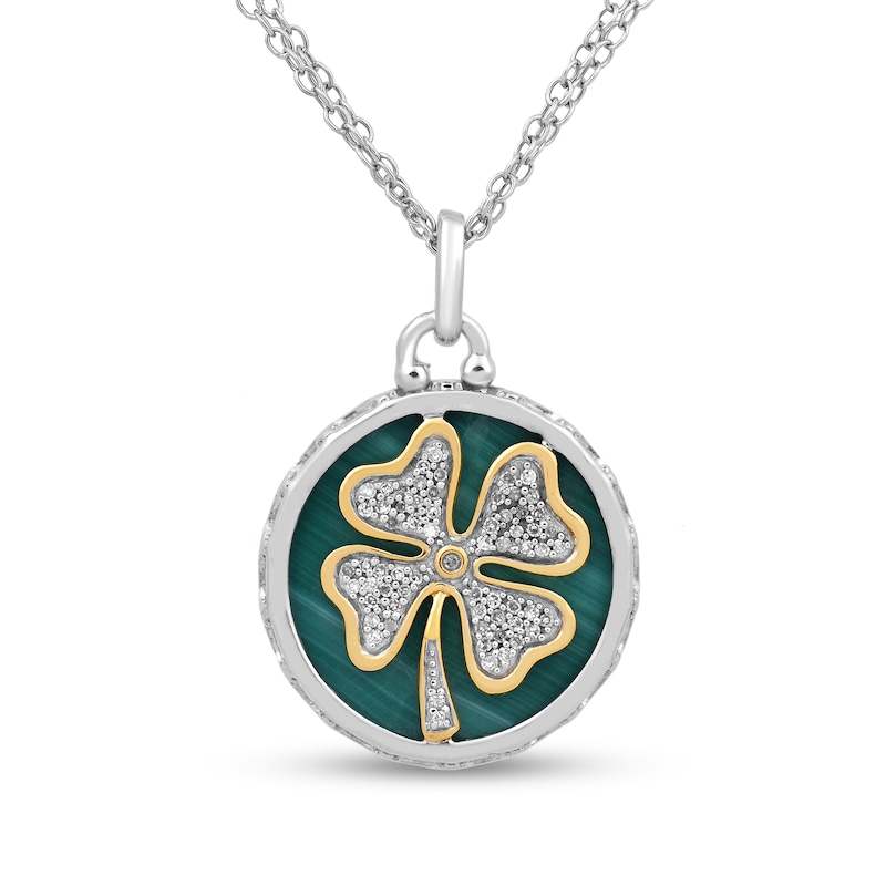 16.0mm Malachite and 0.09 CT. T.W. Diamond Shamrock Overlay Disc Pendant in Sterling Silver and 14K Gold|Peoples Jewellers