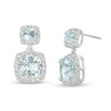 Thumbnail Image 0 of Cushion-Cut Aquamarine and White Lab-Created Sapphire Frame Double Drop Earrings in Sterling Silver