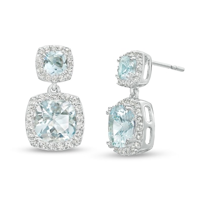 Cushion-Cut Aquamarine and White Lab-Created Sapphire Frame Double Drop Earrings in Sterling Silver