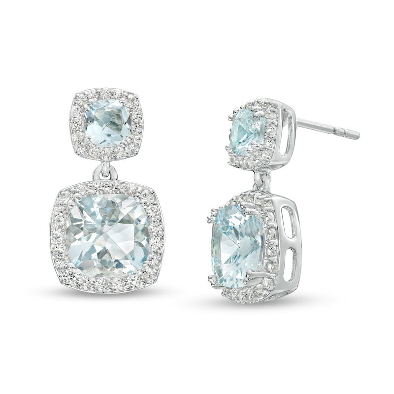 Cushion-Cut Aquamarine and White Lab-Created Sapphire Frame Double Drop Earrings in Sterling Silver|Peoples Jewellers