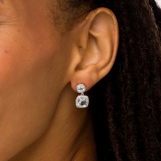 Cushion-Cut Aquamarine and White Lab-Created Sapphire Frame Double Drop Earrings in Sterling Silver