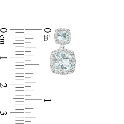 Cushion-Cut Aquamarine and White Lab-Created Sapphire Frame Double Drop Earrings in Sterling Silver