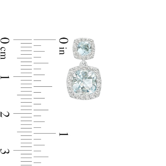 Cushion-Cut Aquamarine and White Lab-Created Sapphire Frame Double Drop Earrings in Sterling Silver