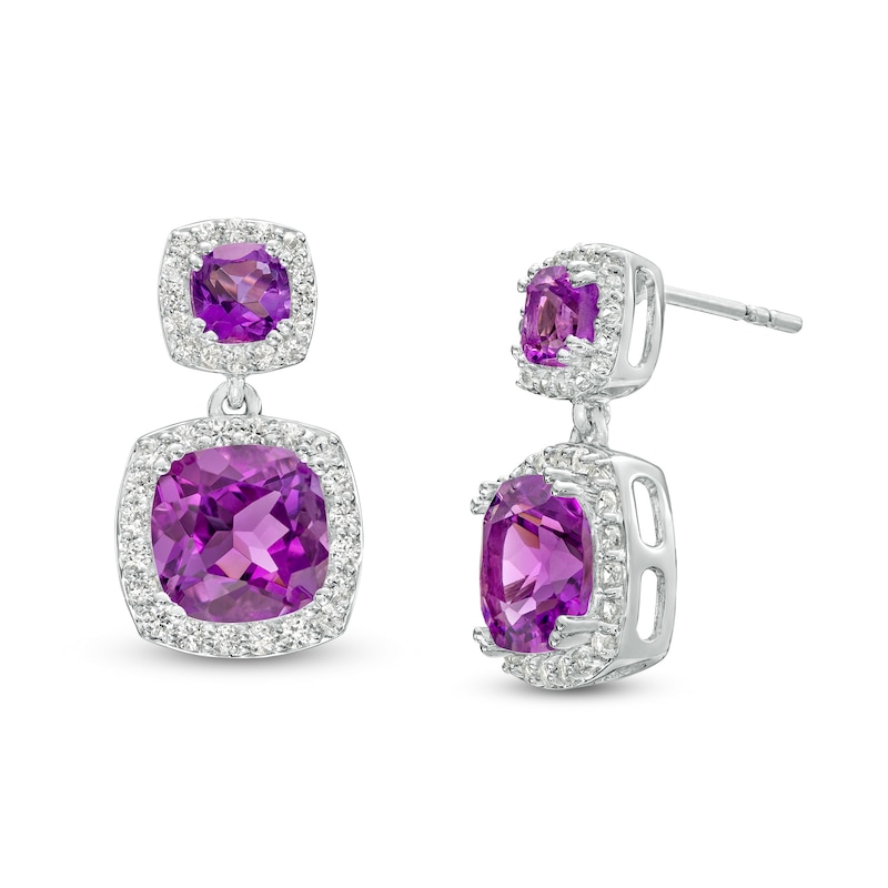 Cushion-Cut Amethyst and White Lab-Created Sapphire Frame Double Drop Earrings in Sterling Silver|Peoples Jewellers