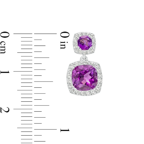 Cushion-Cut Amethyst and White Lab-Created Sapphire Frame Double Drop Earrings in Sterling Silver