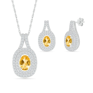 Oval Lab-Created Citrine and White Lab-Created Sapphire Double Frame Pendant and Drop Earrings Set in Sterling Silver