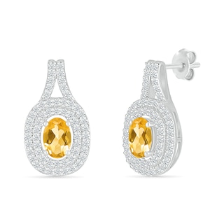 Oval Lab-Created Citrine and White Lab-Created Sapphire Double Frame Pendant and Drop Earrings Set in Sterling Silver