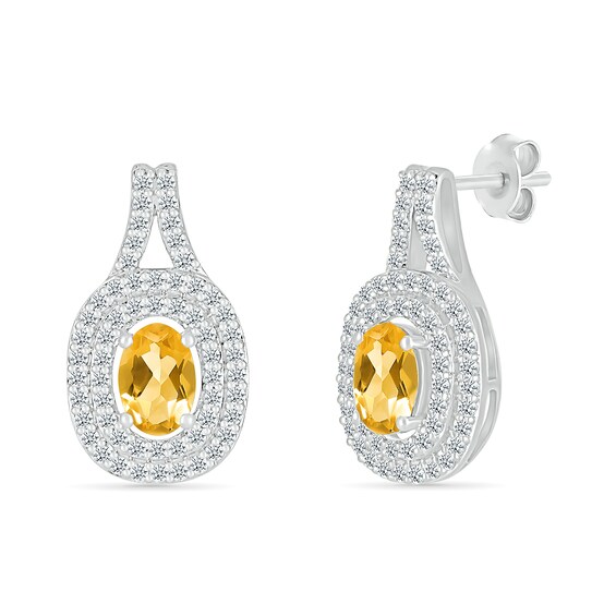 Oval Lab-Created Citrine and White Lab-Created Sapphire Double Frame Pendant and Drop Earrings Set in Sterling Silver