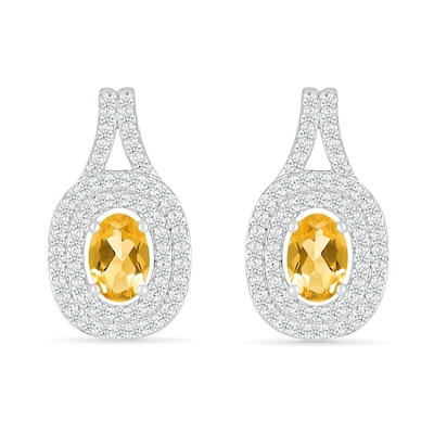 Oval Lab-Created Citrine and White Lab-Created Sapphire Double Frame Pendant and Drop Earrings Set in Sterling Silver