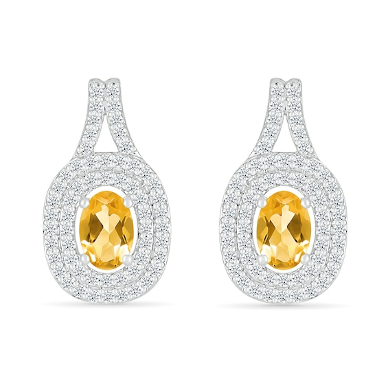 Oval Lab-Created Citrine and White Lab-Created Sapphire Double Frame Pendant and Drop Earrings Set in Sterling Silver