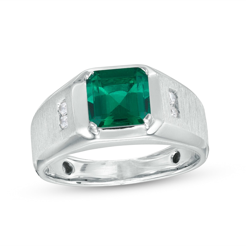 Men's 8.0mm Emerald-Cut Lab-Created Emerald and White Lab-Created Sapphire Ring in Sterling Silver - Size 10|Peoples Jewellers