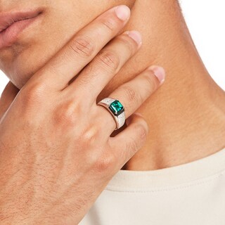 Men's 8.0mm Emerald-Cut Lab-Created Emerald and White Lab-Created Sapphire Ring in Sterling Silver - Size 10