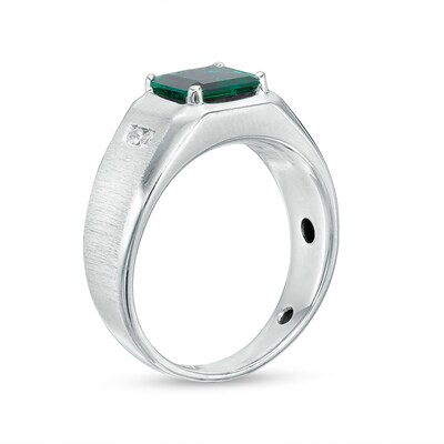 Men's 8.0mm Emerald-Cut Lab-Created Emerald and White Lab-Created Sapphire Ring in Sterling Silver - Size 10