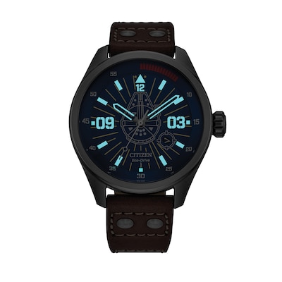 Men's Citizen Eco-Drive® Star Wars™ Han Solo™ Brown Leather Strap Watch with Blue Dial (Model: AW5009-03W)