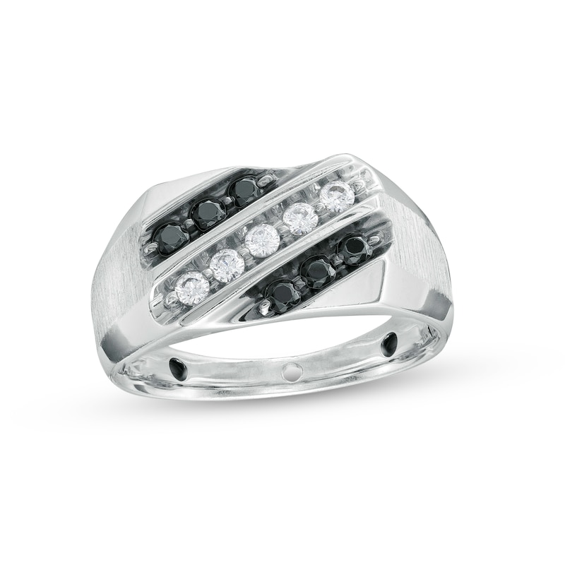 Men's 0.45 CT. T.W. Black and White Diamond Triple Slant Ring in Sterling Silver|Peoples Jewellers