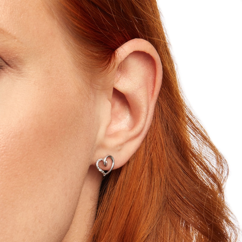 Diamond Accent Loop Tilted Heart Stud Earrings in Sterling Silver|Peoples Jewellers