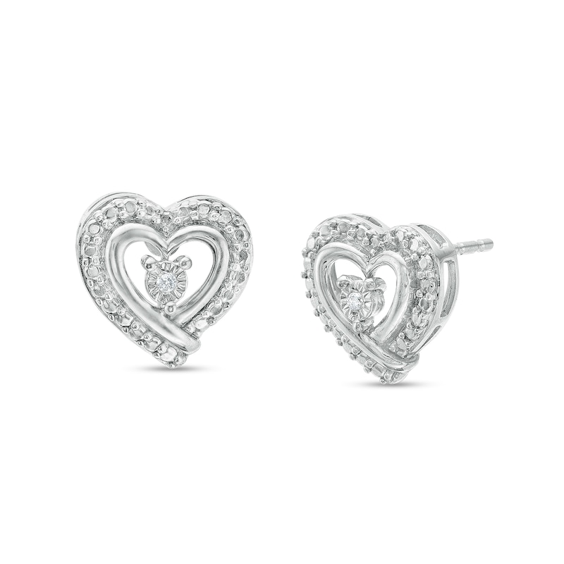 Diamond Accent Heart Beaded Frame Stud Earrings in Sterling Silver|Peoples Jewellers