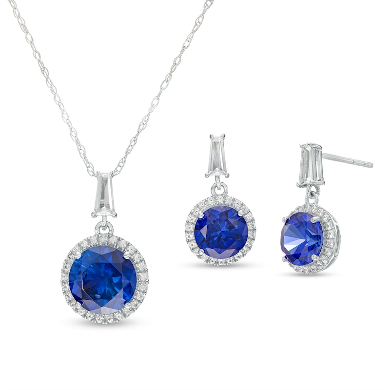 Blue and White Lab-Created Sapphire Frame Pendant and Drop Earrings Set ...