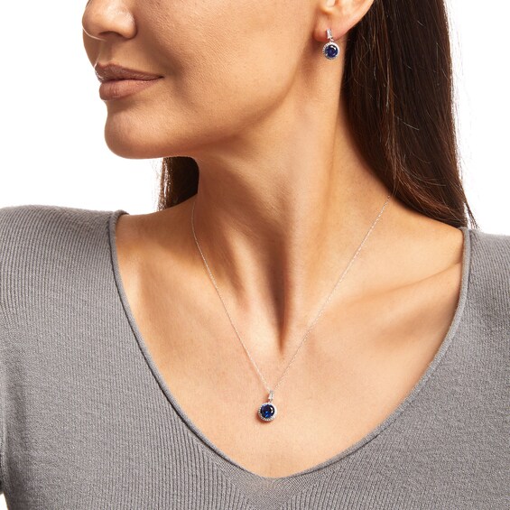 Blue and White Lab-Created Sapphire Frame Pendant and Drop Earrings Set in 10K White Gold