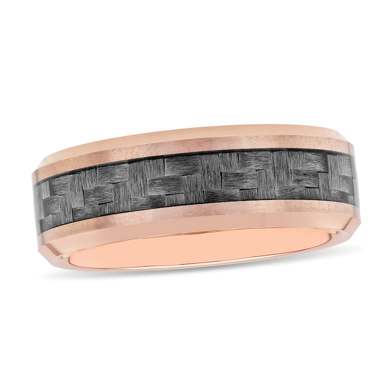 Men's 8.0mm Weave-Textured Bevelled Edge Wedding Band in Tungsten with Rose IP and Grey Carbon Fibre - Size 10|Peoples Jewellers